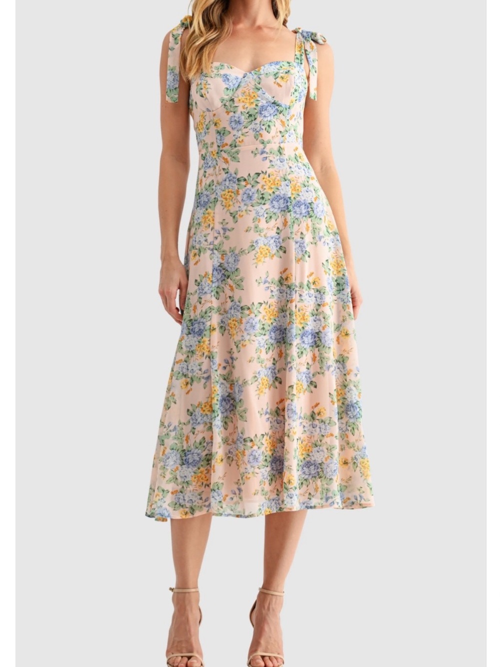 Lush Peach Floral Tie-Shoulder Midi Dress